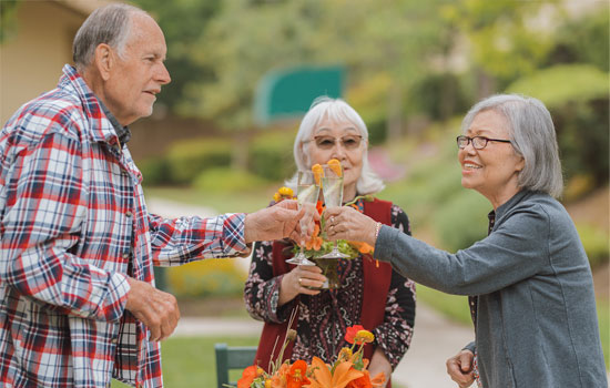amenities-you-love-1 Senior residents toast glasses at Summerfield of Redlands Memory Care in Redlands, CA