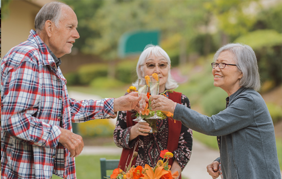 amenities-youll-love Senior residents toast glasses at Summerfield of Redlands Memory Care in Redlands, CA