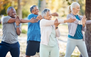 Fitness, group and senior people stretching before a exercise in an outdoor park